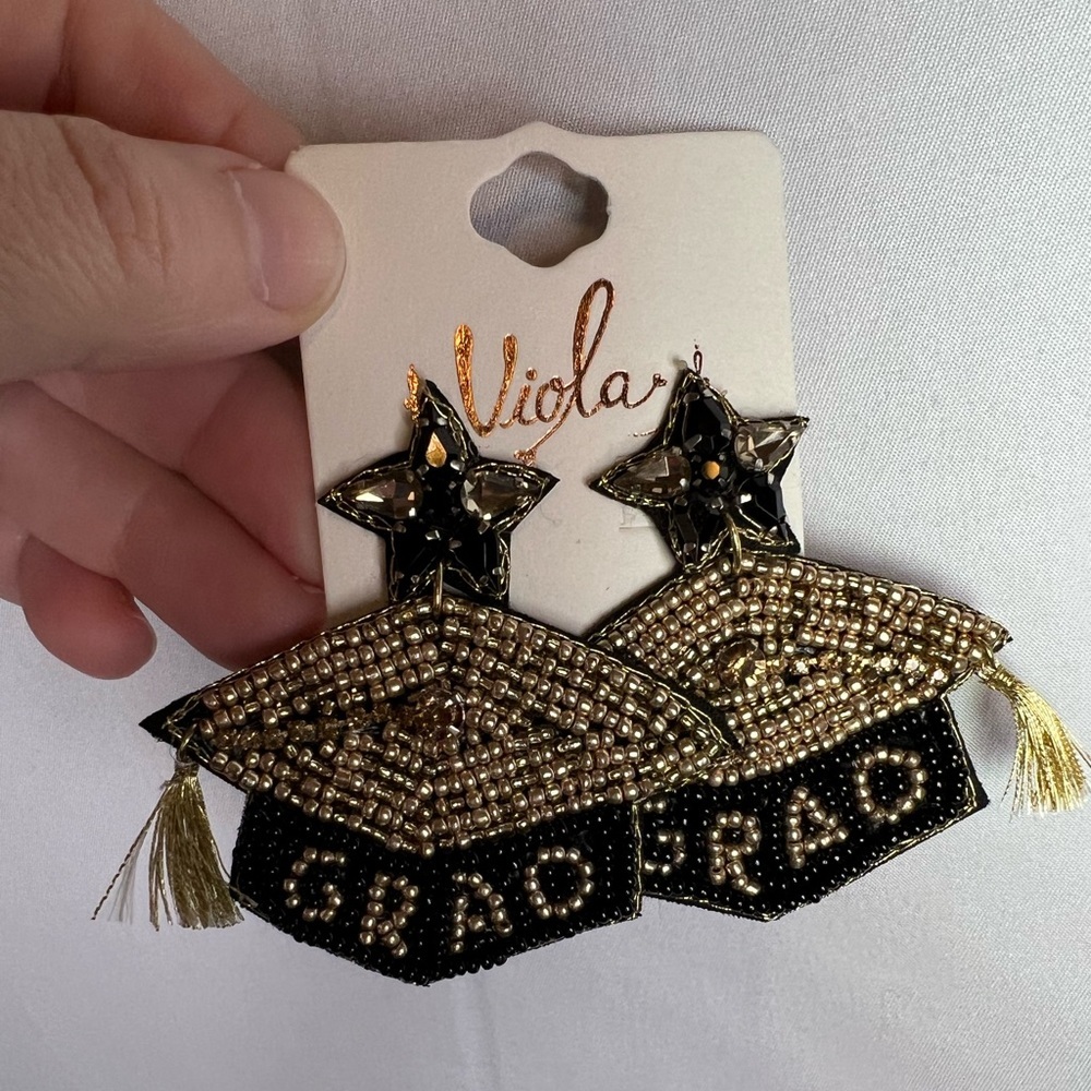 Viola Black And Gold Graduation Cap With Tassle Beaded Dangle Earrings Nwt 17$